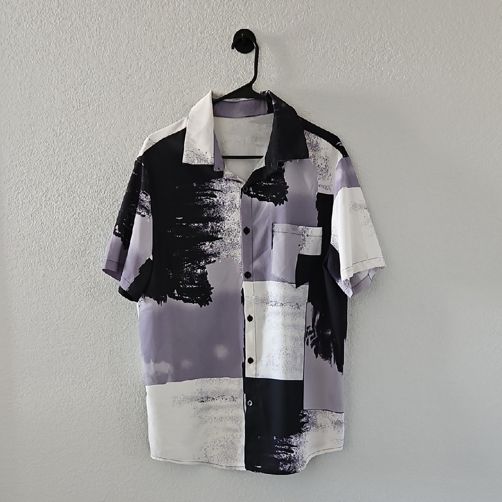 SHEIN Men's Short Sleeve Casual Button Down Shirt Color Block Black Grey White L